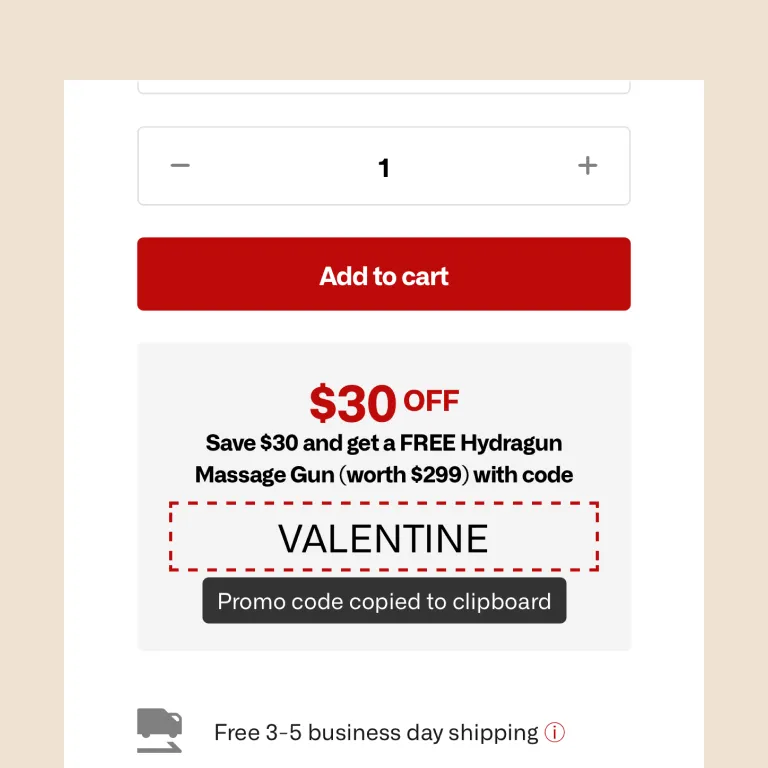 a promo banner block in the product page below the add to cart button showing that the current product that they've visited is on sale, clearly highlighting the exact amount of the discount. there's also a short description. the promo code is clearly shown in this block, it's surrounded by a dashed stroke which indicates that it's clickable. clicking the promo code copies the code to the clipboard, a toast message is shown 'Promo copied to clipboard'